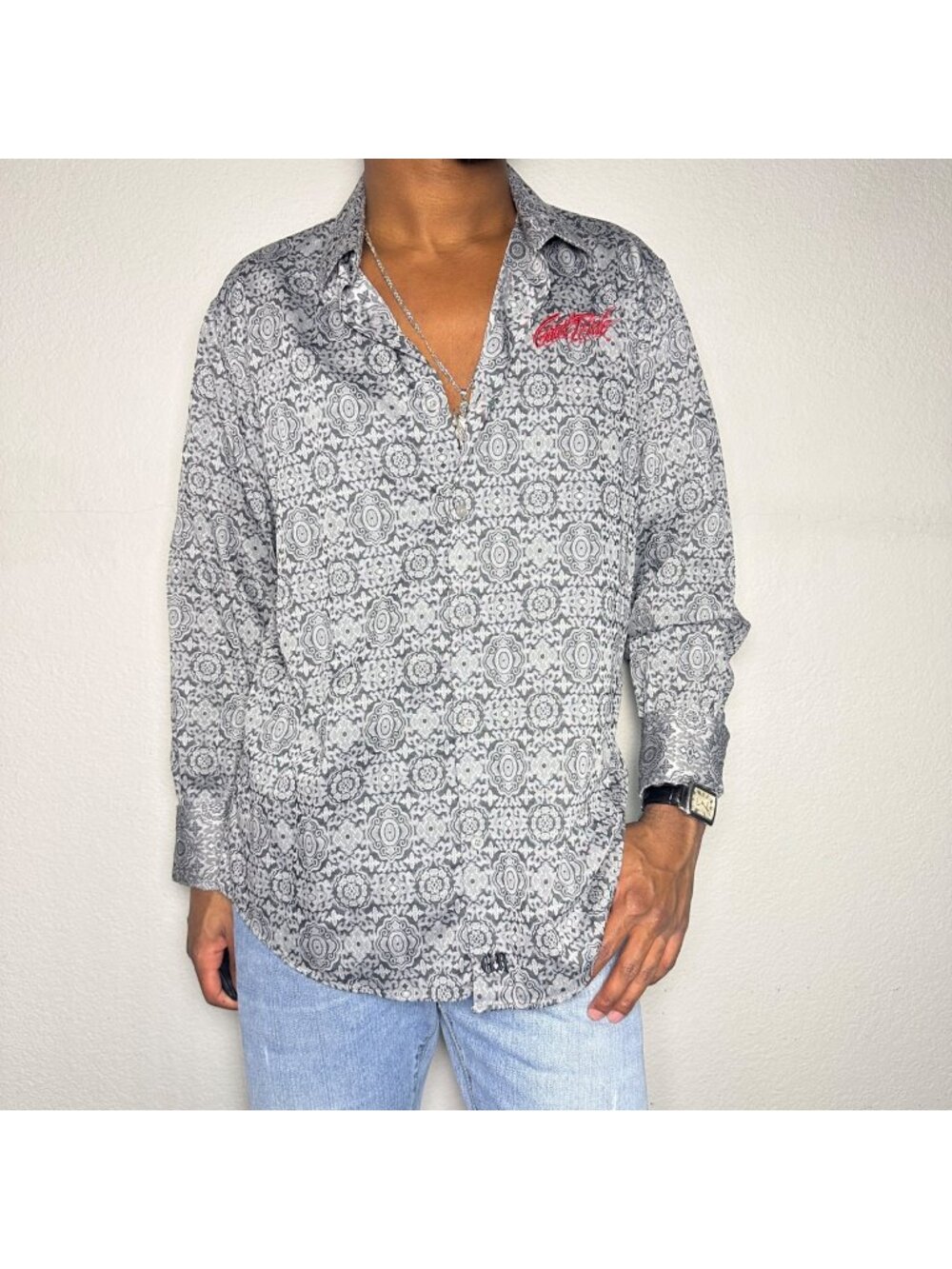 Y2K Karma Blu Rock Men L Long Sleeve Shirt "Good Ride" Paisley Grey Indie Punk